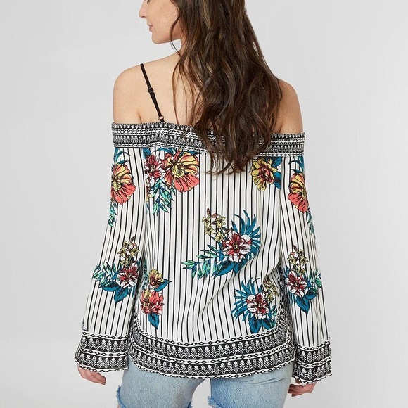 Flying Tomato Cold Shoulder Striped Floral Tie Top - Picture 5 of 8